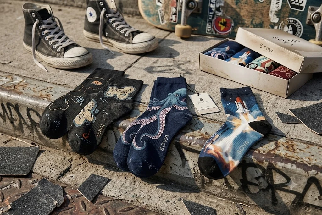 Bộ tất graphic SOVA chụp thật theo phong cách street style